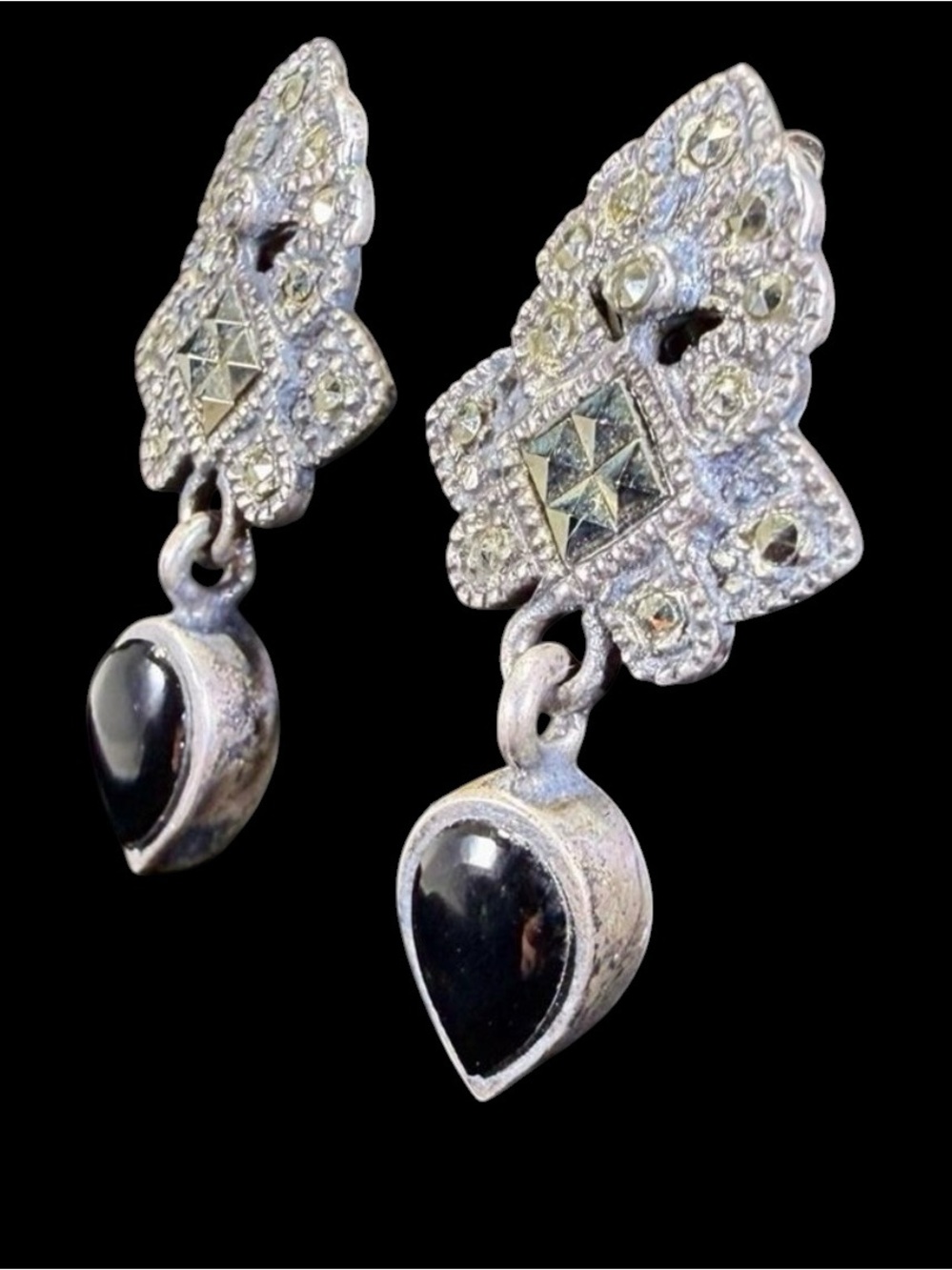 Vintage Art Deco Black Onyx Marcasite and Sterling Silver Dangle Earrings 5.6g